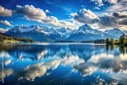 Tranquil alpine lake with snow capped peaks and blue sky with clouds