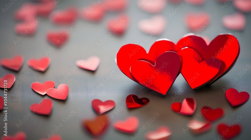 Red hearts on a smooth gray surface creating a romantic ambiance. Red hearts on a smooth gray surface creating a romantic ambiance.