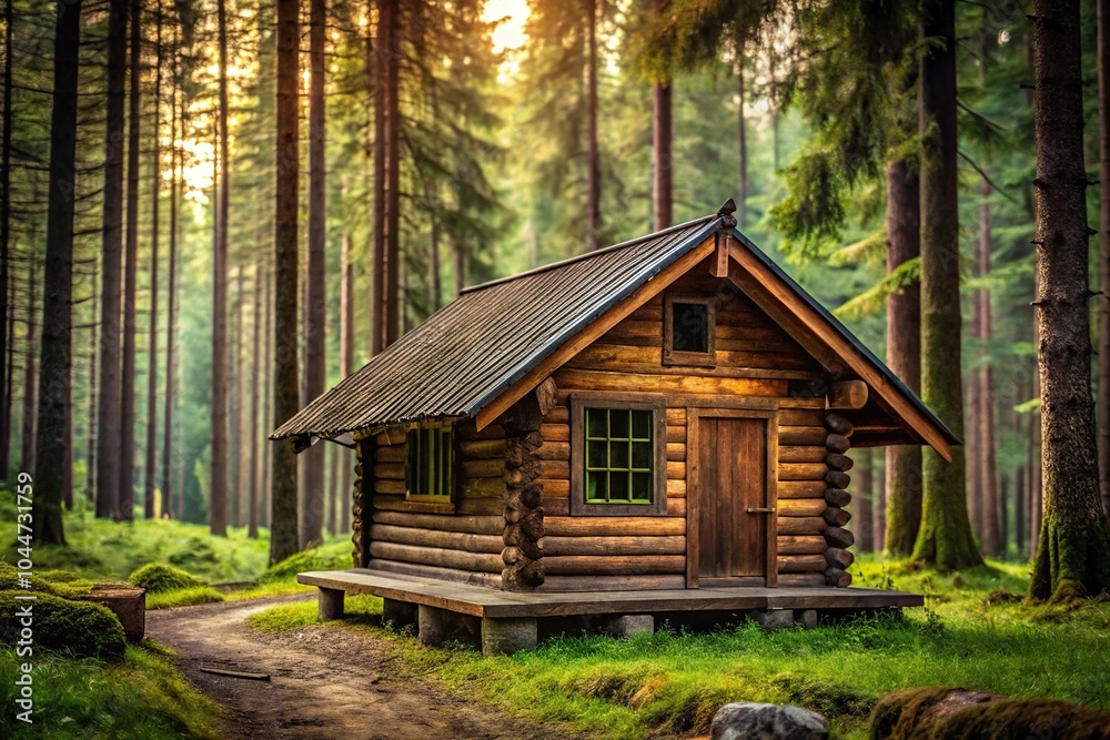 Tranquil and rustic cabin surrounded by forest trees Tranquil and rustic cabin surrounded by forest trees