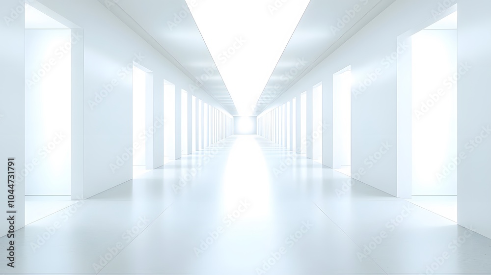 A futuristic white hallway with a glowing light at the end,white hallway with a bright light at the end,Empty white futuristic corridor with a glowing light in the distance