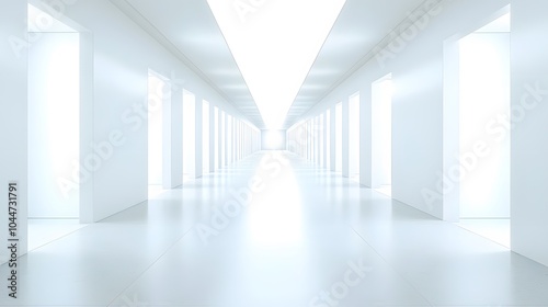 A futuristic white hallway with a glowing light at the end,white hallway with a bright light at the end,Empty white futuristic corridor with a glowing light in the distance