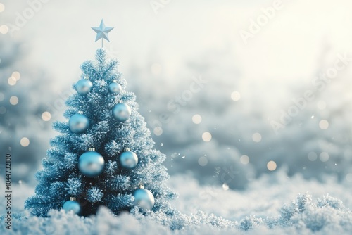 Snowy Christmas Tree with Blue Ornaments photo