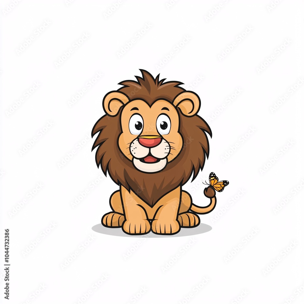 Fototapeta premium Cute Cartoon Lion with Butterfly on Its Nose