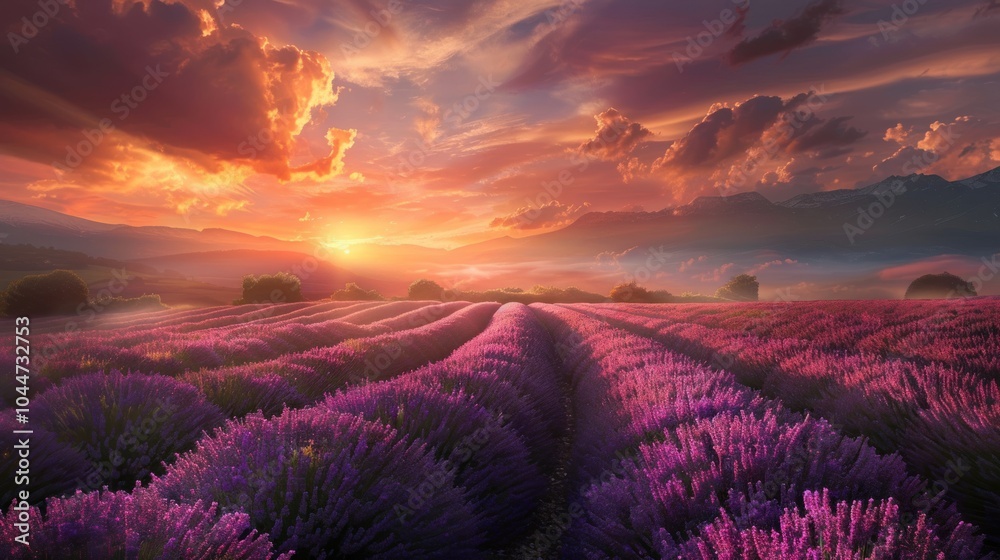 Fototapeta premium Beautiful view with lavender fields at sunset.