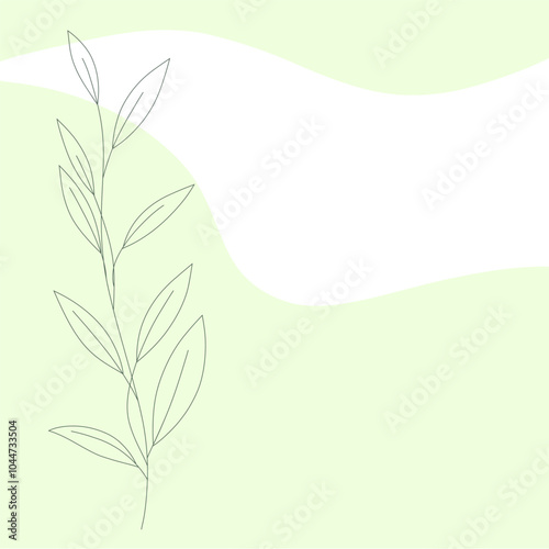 Spring abstract light green background with a contoured twig with leaves, hand-drawn, vector. Decorative background for the design with text, labels, banners, decoration. Floral invitation frame.