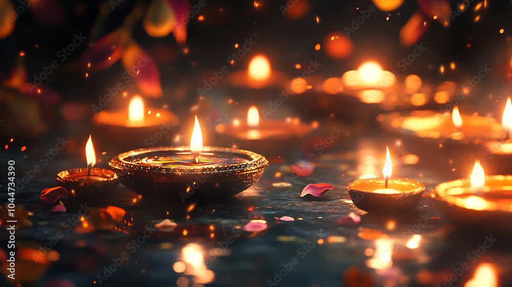 Glowing candles illuminate festive scene with petals, creating warm atmosphere
