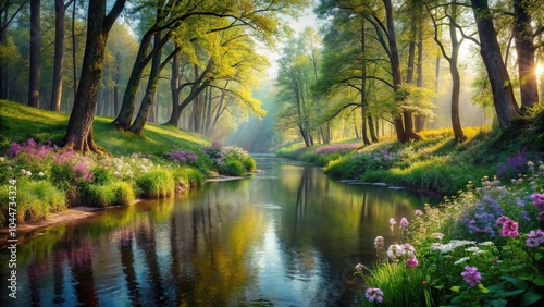 Tranquil forest scenery with river, trees, flowers, tilted angle