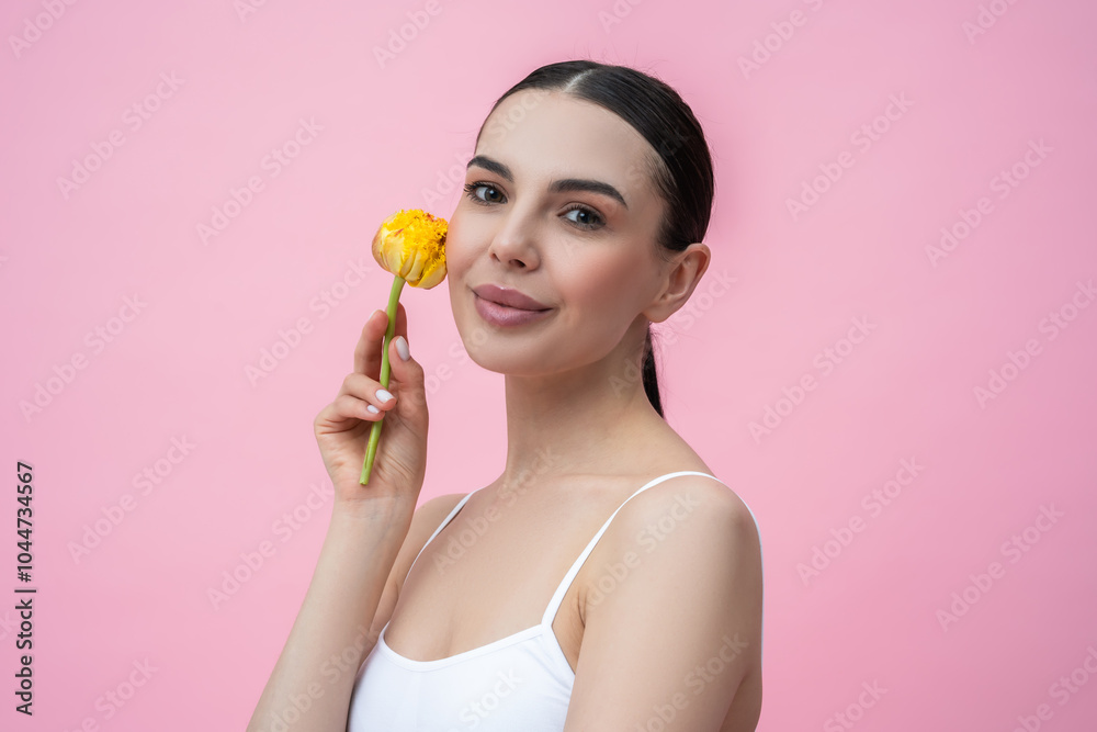 Woman wearing white underwear holding in hand flower looking at camera isolated over pink background Woman wearing white underwear holding in hand flower looking at camera isolated over pink background