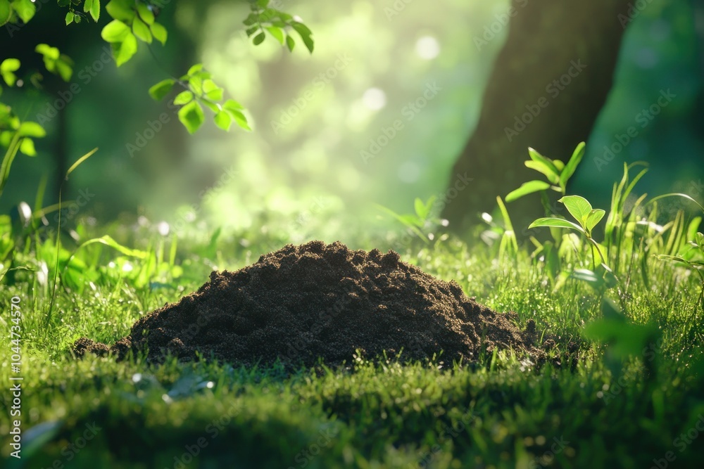 Fresh Soil Mound in Sunlit Forest Setting Fresh Soil Mound in Sunlit Forest Setting