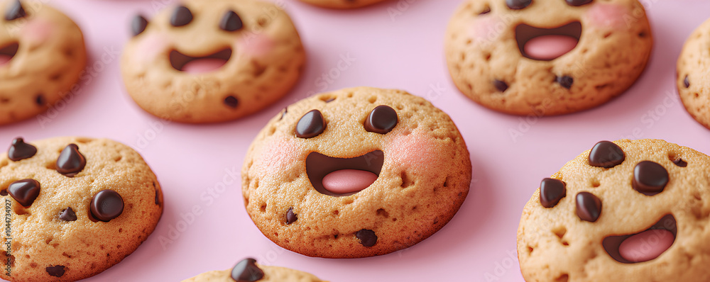 Cheerful cookies with blushing faces and chocolate chips scattered on a pastel surface, 3D style Cheerful cookies with blushing faces and chocolate chips scattered on a pastel surface, 3D style