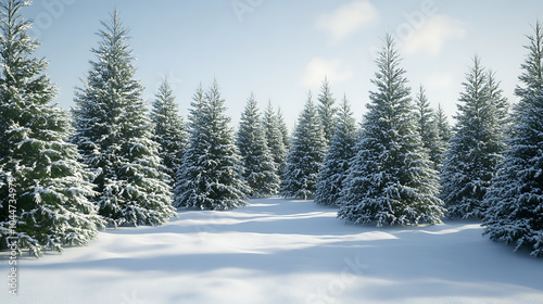 serene winter landscape featuring tall evergreen trees covered in snow, creating peaceful