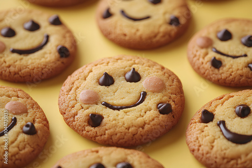 Cheerful cookies with round faces and chocolate chips, set against a soft yellow backdrop