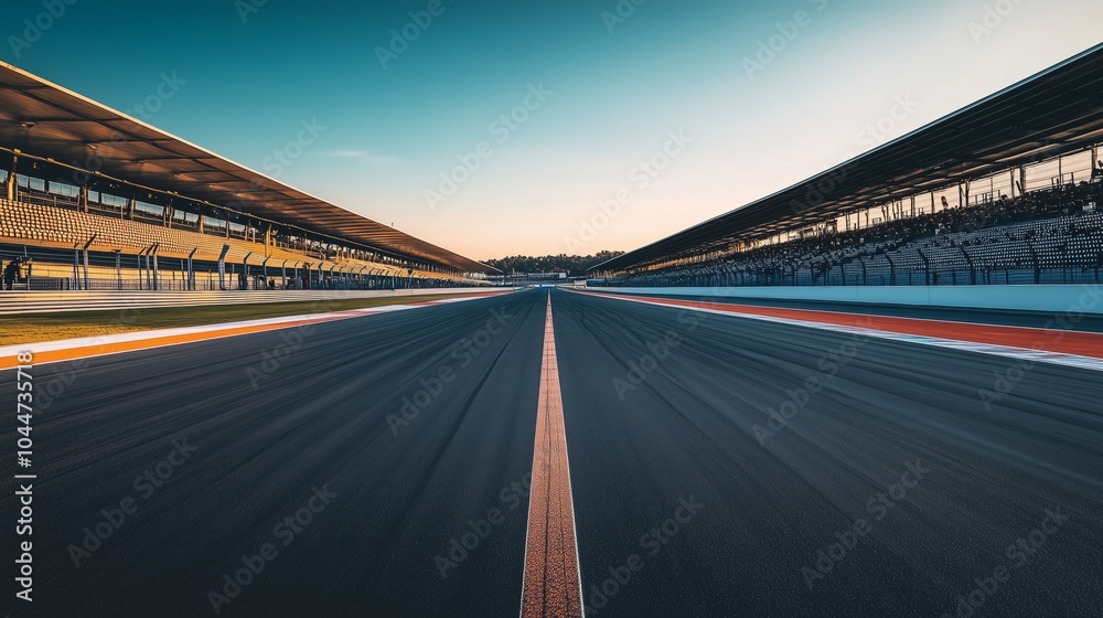 A dramatic, empty racing track under a clear sky, with spectator seats lining the sides. The stillness contrasts with the vibrant anticipation in the air, as if waiting for the action to begin. A dramatic, empty racing track under a clear sky, with spectator seats lining the sides. The stillness contrasts with the vibrant anticipation in the air, as if waiting for the action to begin.
