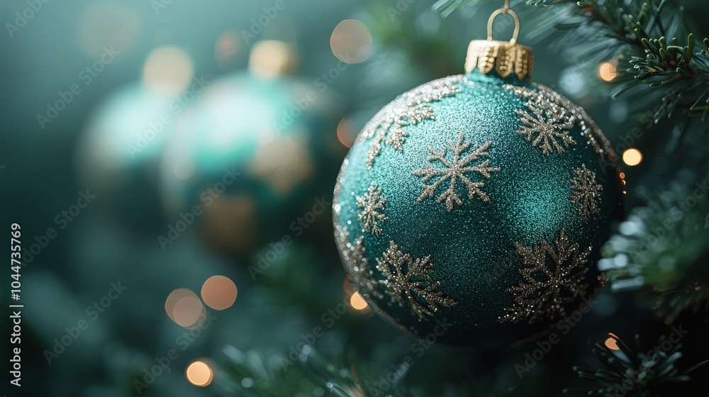 Christmas banner with green baubles and snowflake decorations Christmas banner with green baubles and snowflake decorations