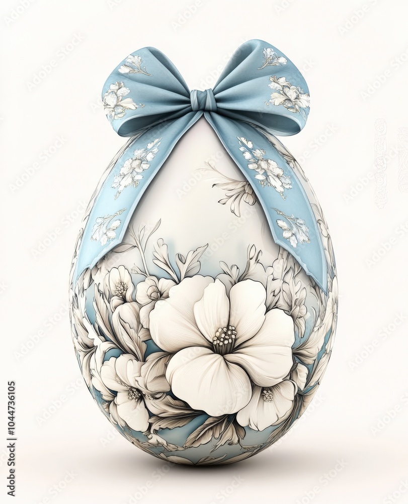 Elegant hand-painted decorative egg adorned with floral patterns and a blue ribbon Elegant hand-painted decorative egg adorned with floral patterns and a blue ribbon