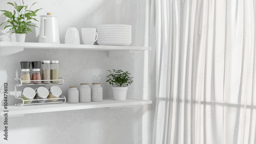 A close-up of a seasoning storage shelf on a white wall shelf by the window in a white room. A close-up of a seasoning storage shelf on a white wall shelf by the window in a white room.