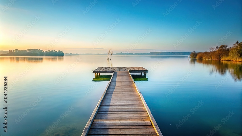 Fototapeta premium Tranquil lakeside with wooden dock and sky reflections