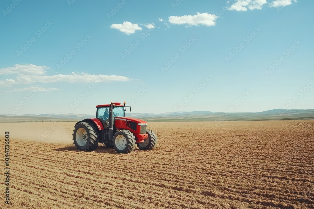 Red Tractor Working in Open Field Under Blue Sky Red Tractor Working in Open Field Under Blue Sky