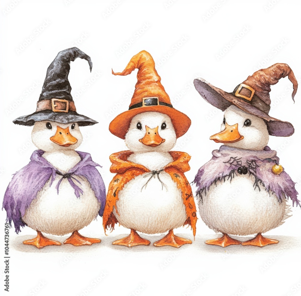 Fototapeta premium Three cheerful ducks wearing colorful witch hats and capes celebrating Halloween together