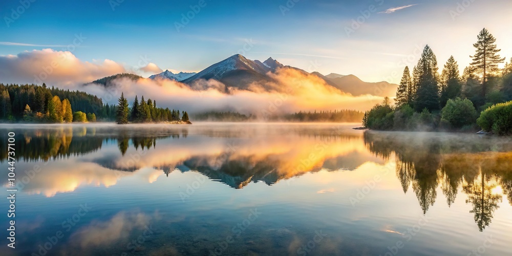Tranquil mountain lake with mist at dawn, serene nature landscape Tranquil mountain lake with mist at dawn, serene nature landscape