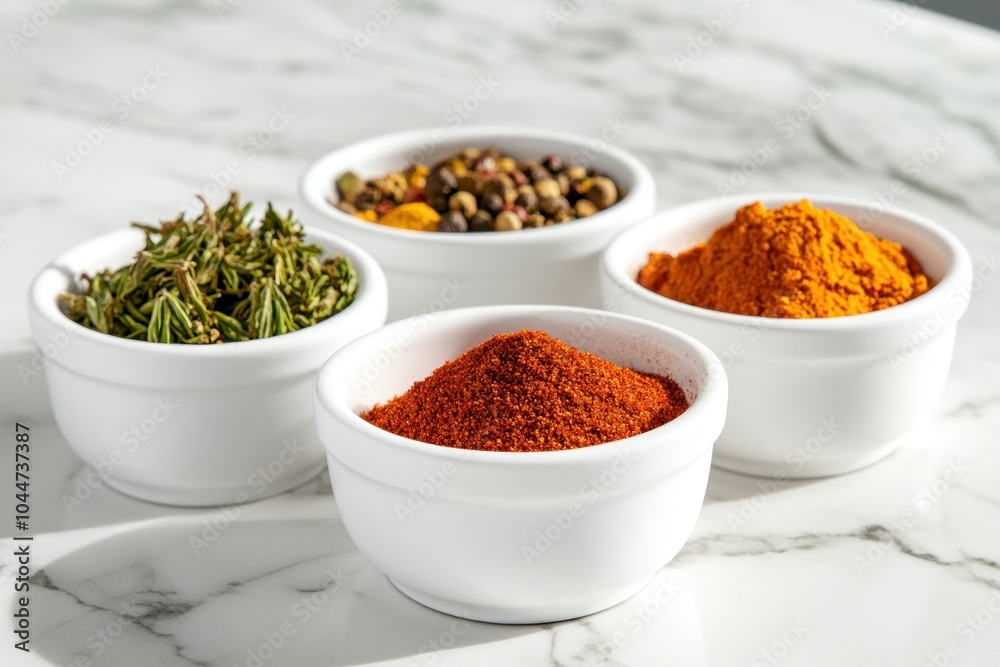 Assorted Spices in White Bowls on Marble Surface Assorted Spices in White Bowls on Marble Surface