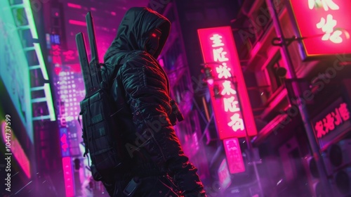 Cyberpunk assassin in a neon lit city, AI generated image photo