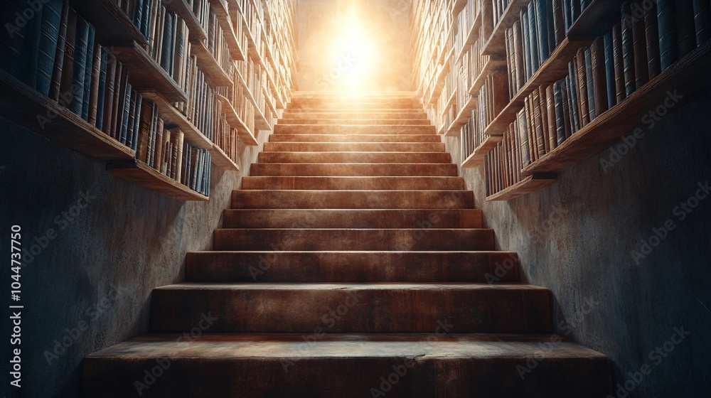 Fototapeta premium Staircase of Books Leading Upwards in a Creative Indoor Setting