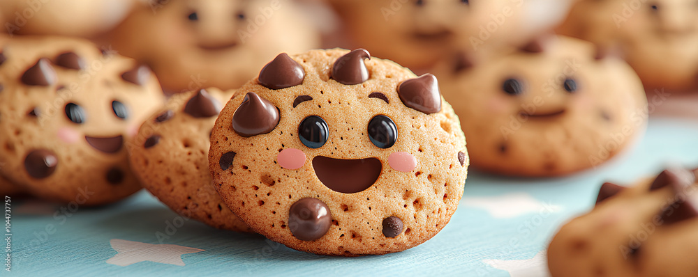 Cute, chubby cookies with kawaii faces and chocolate chips, arranged in a bright 3D scene. Cute, chubby cookies with kawaii faces and chocolate chips, arranged in a bright 3D scene.