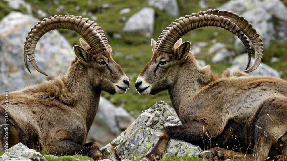 Two majestic rams engage in a serene moment on a mountain landscape Two majestic rams engage in a serene moment on a mountain landscape