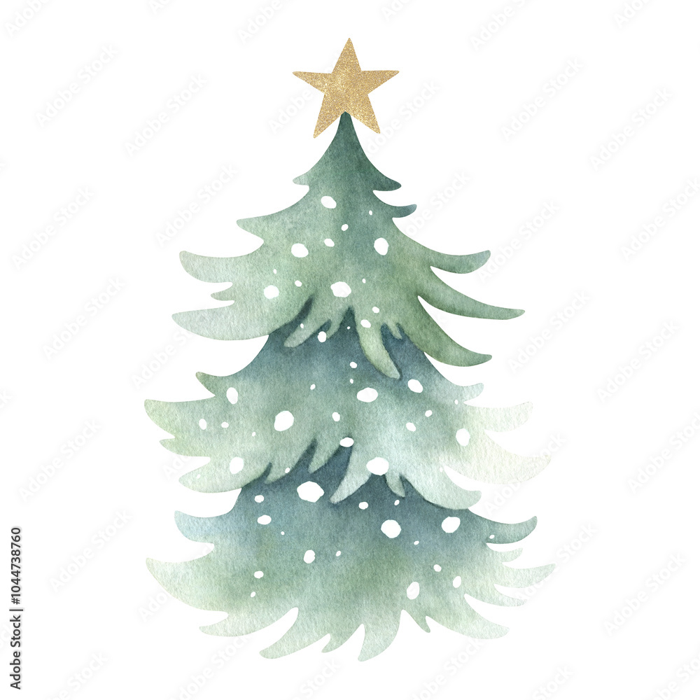 Obraz premium Christmas tree snow-covered with festive golden star decoration on top. Hand drawn watercolor isolated illustration for Happy New Year greeting cards template, stickers, festive packaging and designs.