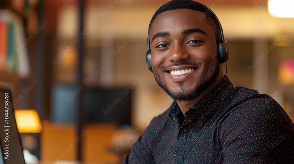 Young smiling black man wearing earphones, headphones Young smiling black man wearing earphones, headphones