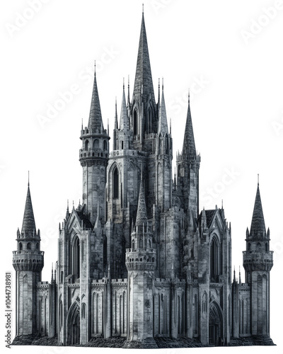Fairy Tale Gothic Castle with Grand Towers and Dramatic Architecture Isolated on Transparent Background - made with Generative AI