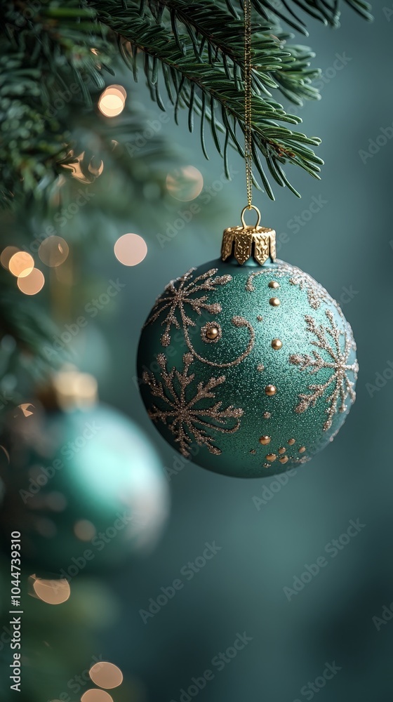 Beautiful Christmas Balls on Green Background with Text Space for Holiday Greetings