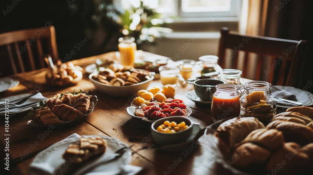 Fototapeta premium Cozy Asian Breakfast with Fresh Fruits and Treats