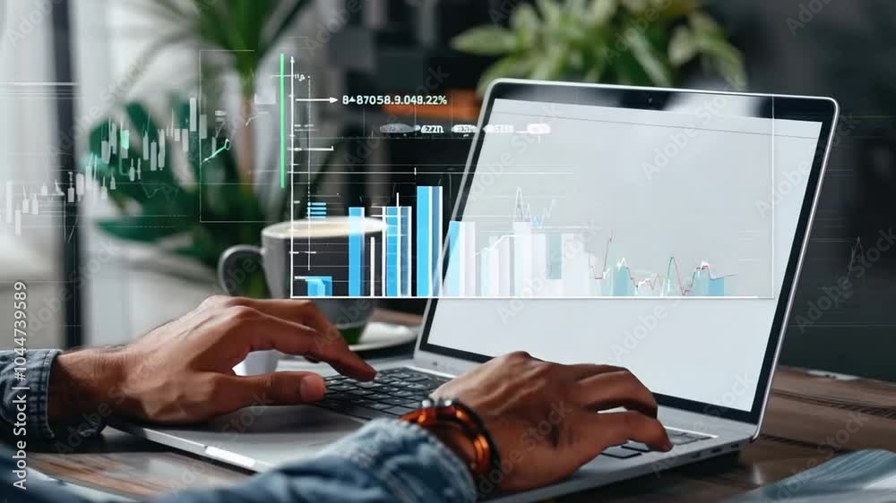 Businessman working on a laptop with a blank screen, followed by stock market data appearing, highlights the analysis of financial trends and investment opportunities