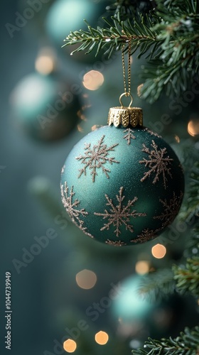 Beautiful Christmas Balls on Green Background with Text Space for Holiday Greetings