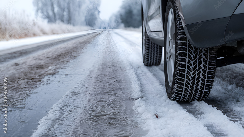 Car tire on snow, winter asphalt, Winter tire Car tire on snow, winter asphalt, Winter tire