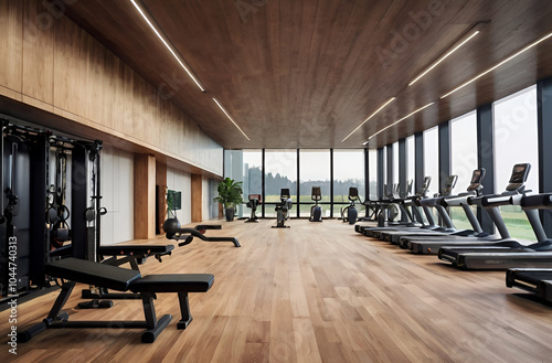 Modern gym interior with wooden floor and gymnastic equipment for exercising photo