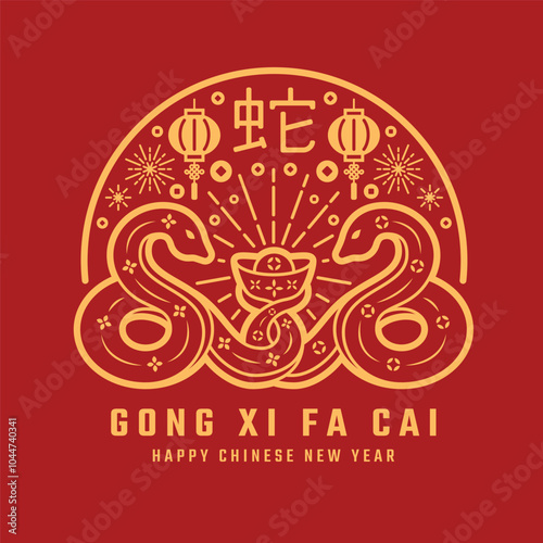 Happy chinese new year, gong xi fa cai - Gold line twins snake zodiac cross and hold kimtung china money sign and coin and firework lanturn around in circle frame vector design china word mean snake