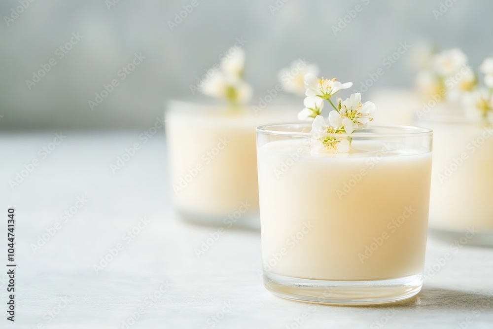 Creamy jelly in glasses garnished with white flowers Creamy jelly in glasses garnished with white flowers