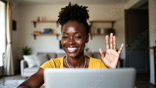 Happy black woman waving during video call at home