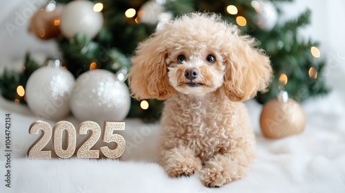 Poodle Dog in Front of "2025" and Christmas Tree on White Background, Minimalist Style