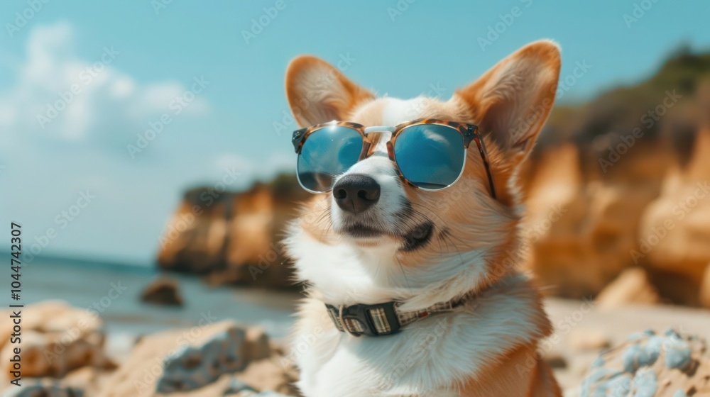 Cute corgi dog in sunglasses posing on the beach sat summer, AI generated image Cute corgi dog in sunglasses posing on the beach sat summer, AI generated image