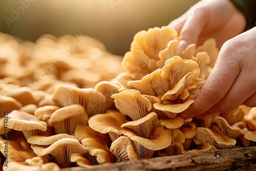 Hand picking golden tremella mushrooms in sunlit woods photo