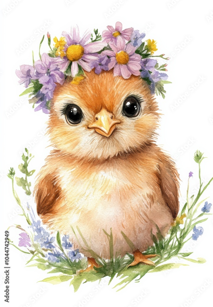 Obraz premium Cute chick wearing a floral crown in a vibrant green meadow under bright blue skies