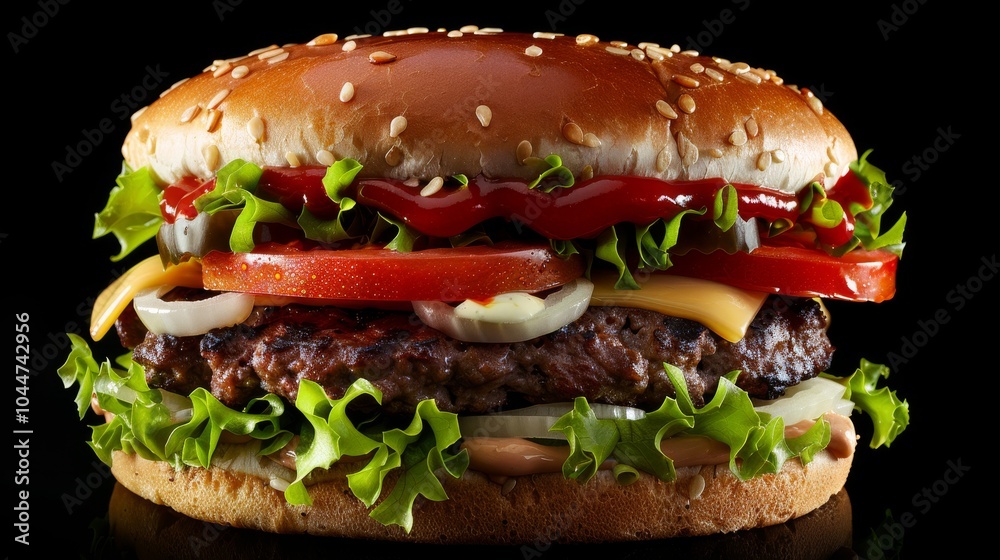 Juicy Cheeseburger with Lettuce, Tomato, and Onion on a Sesame Seed Bun