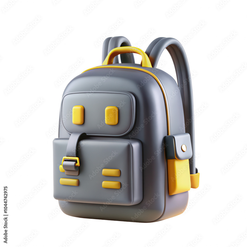 Fototapeta premium A modern backpack with a sleek gray design and vibrant yellow accents, featuring a front pocket and adjustable straps. Perfect for students or commuters.