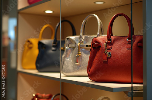 Designer ladies leather handbags on display shelf for sale at a luxury retail boutique store. Shop selling trendy in vogue female accessory goods. Business concept on women's fashion market industry.