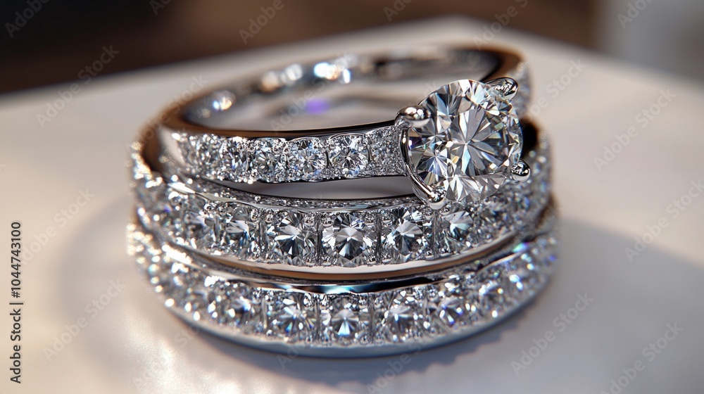 A stunning diamond engagement and wedding ring set displayed on a pure white background. A stunning diamond engagement and wedding ring set displayed on a pure white background.