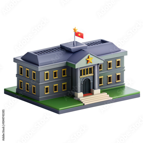 A 3D render of a government building featuring a star emblem and a flag. The design suggests an Asian architectural influence with bold colors.